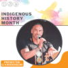 Indigenous history Month. Photo of EJ holding a mic speaking at a live event.