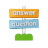"Answer Question" on a post with fake grass at the bottom. Answer is on an orange plank and question is on a blue plank.
